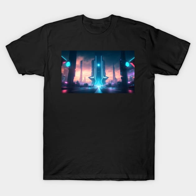 Futuristic city with beautiful sky landscape T-Shirt by WODEXZ